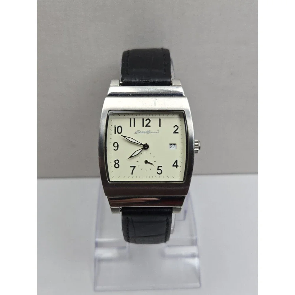 Vintage Eddie Bauer Mens Cushion Watch Date Reversible Leather Strap New Battery